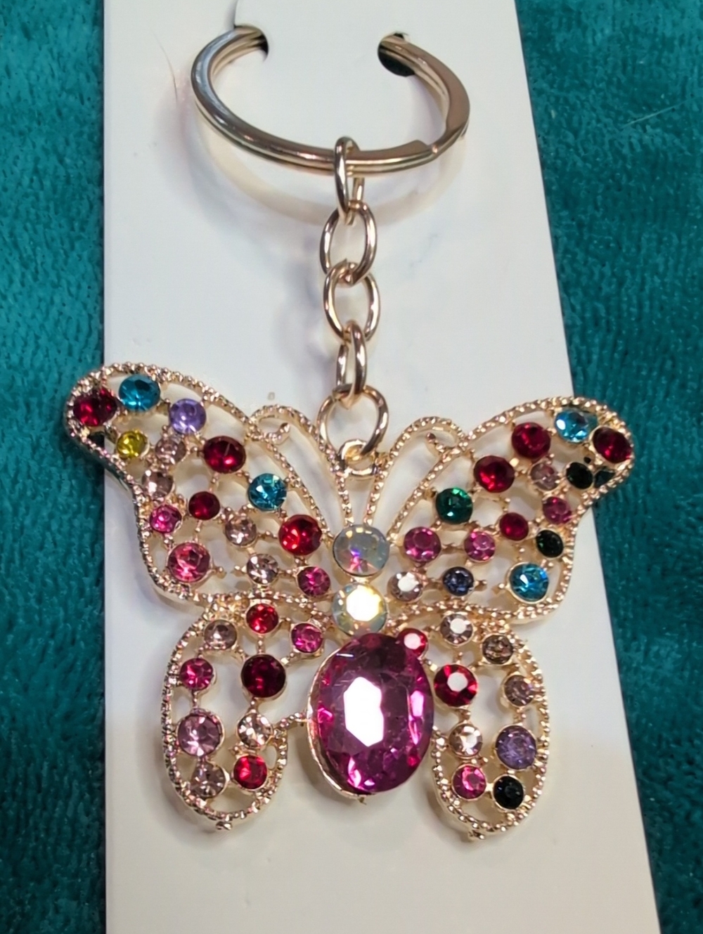 Gold Butterfly Keychain with Pink Multicolor Rhinestones